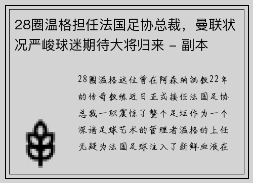 28圈温格担任法国足协总裁，曼联状况严峻球迷期待大将归来 - 副本