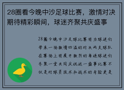 28圈看今晚中沙足球比赛，激情对决期待精彩瞬间，球迷齐聚共庆盛事
