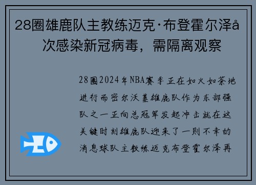 28圈雄鹿队主教练迈克·布登霍尔泽再次感染新冠病毒，需隔离观察