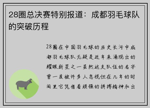 28圈总决赛特别报道：成都羽毛球队的突破历程