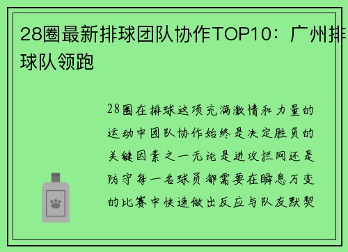 28圈最新排球团队协作TOP10：广州排球队领跑