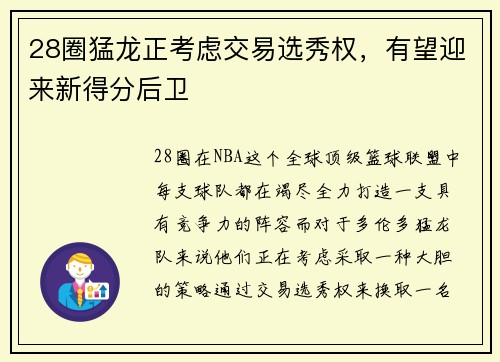 28圈猛龙正考虑交易选秀权，有望迎来新得分后卫